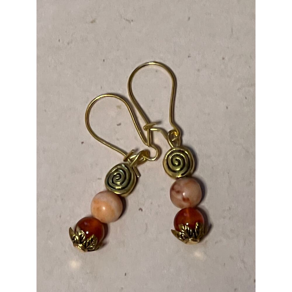 Handcrafted Earrings Natural Stone Dangle Gold Tone Dainty Design Unique Orange